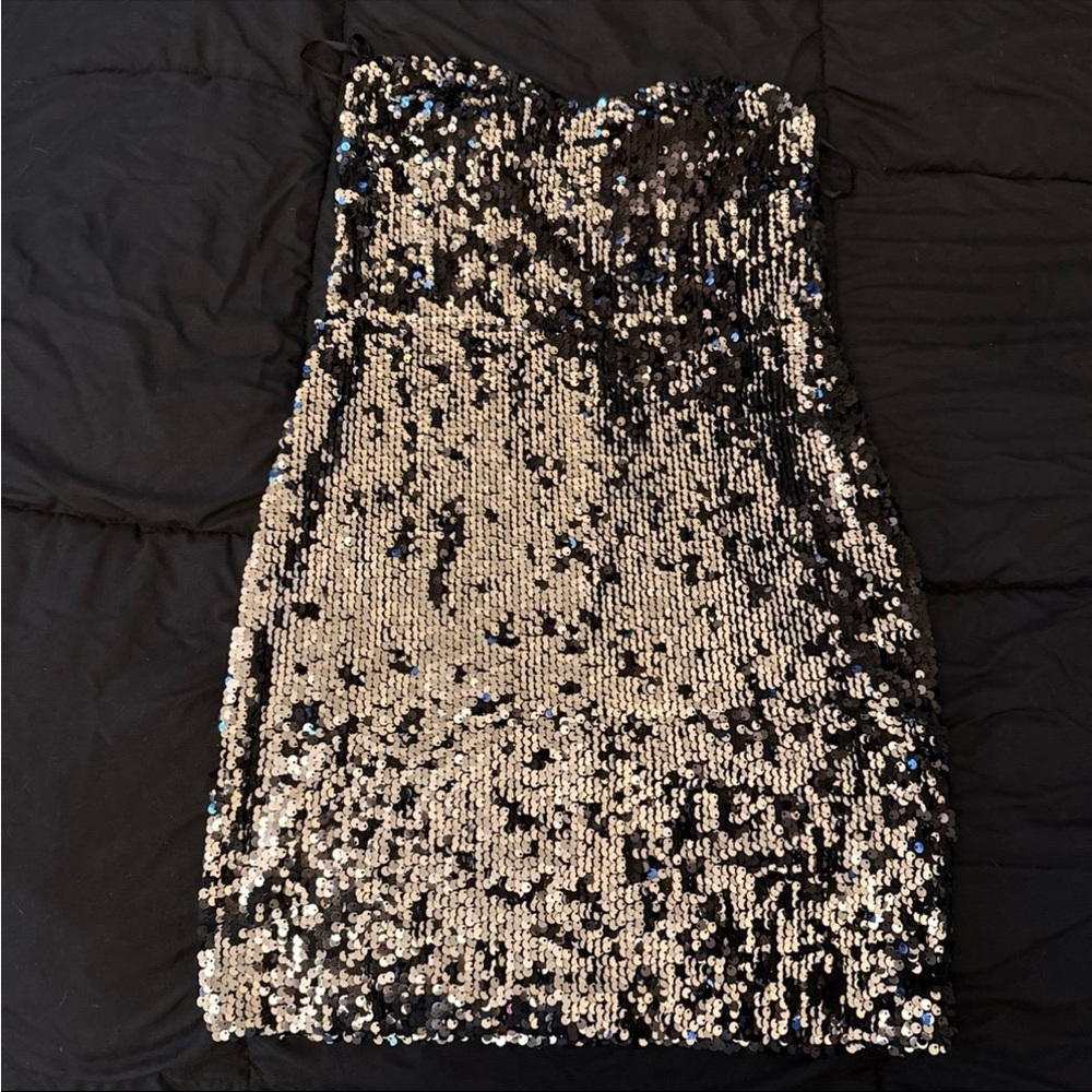 As U Wish Silver and Gold Sequin Strapless Cocktail Dress